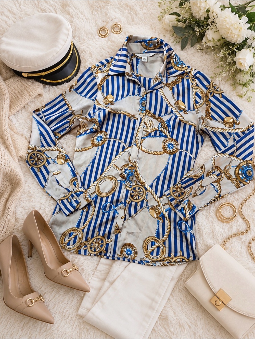 Nautical Print Button Down Blouse
